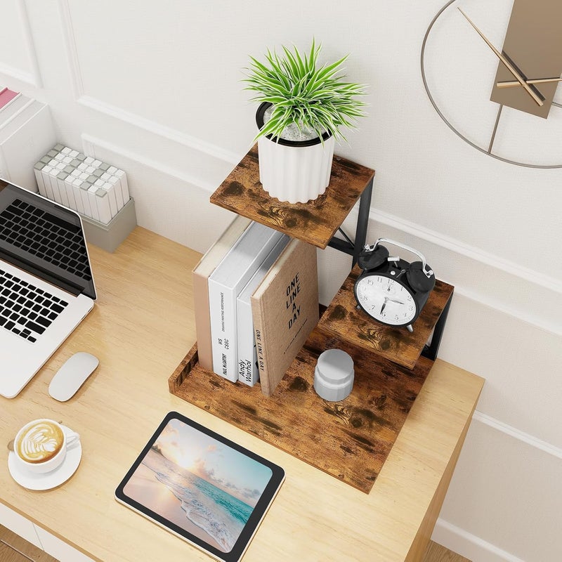 ELITEROO Desk Shelf Organizer, Wood Desktop Organizer Small Bookshelf, 3 Tier Storage Shelf Riser Display Stand for Office Decor and Desk Accessories, Rustic Brown Black - Image 2